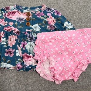 Posh Peanut Teal Floral Peplum Top with Pink Ruffle Bloomers